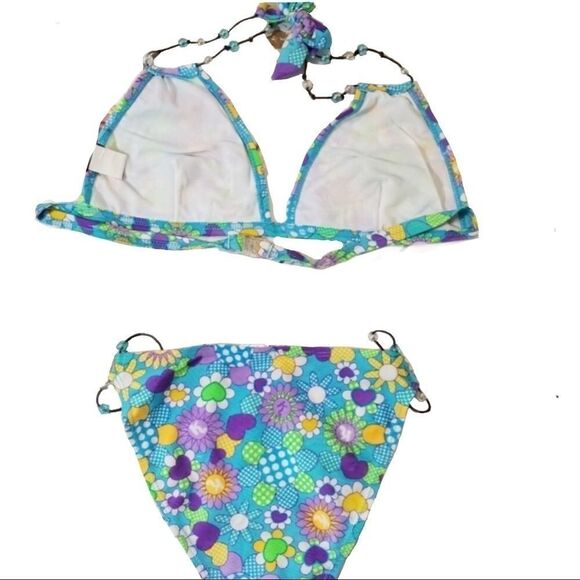 Blue Floral Hearts Retro Print Top Bottom Bikini Set - Picture 2 of 4